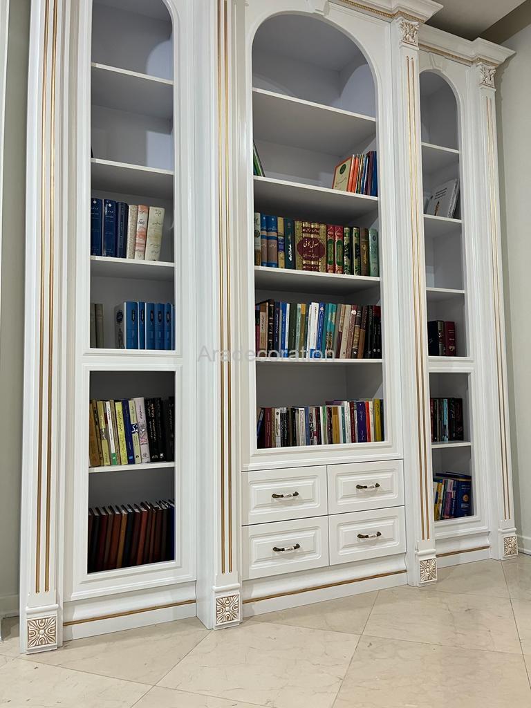 کمد کتابخانه کلاسیک چوبی ایستاده پلی اورتان سفیدطلایی سبک مراکشی - Image 9