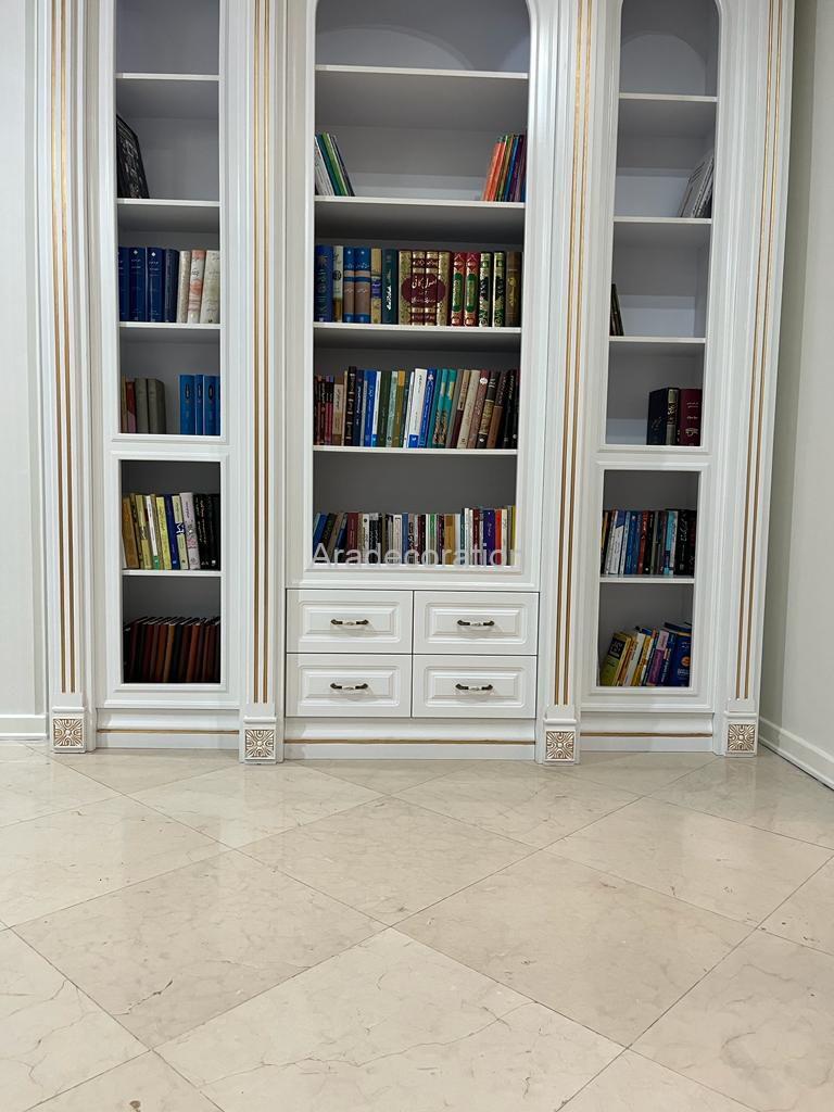 کمد کتابخانه کلاسیک چوبی ایستاده پلی اورتان سفیدطلایی سبک مراکشی - Image 10