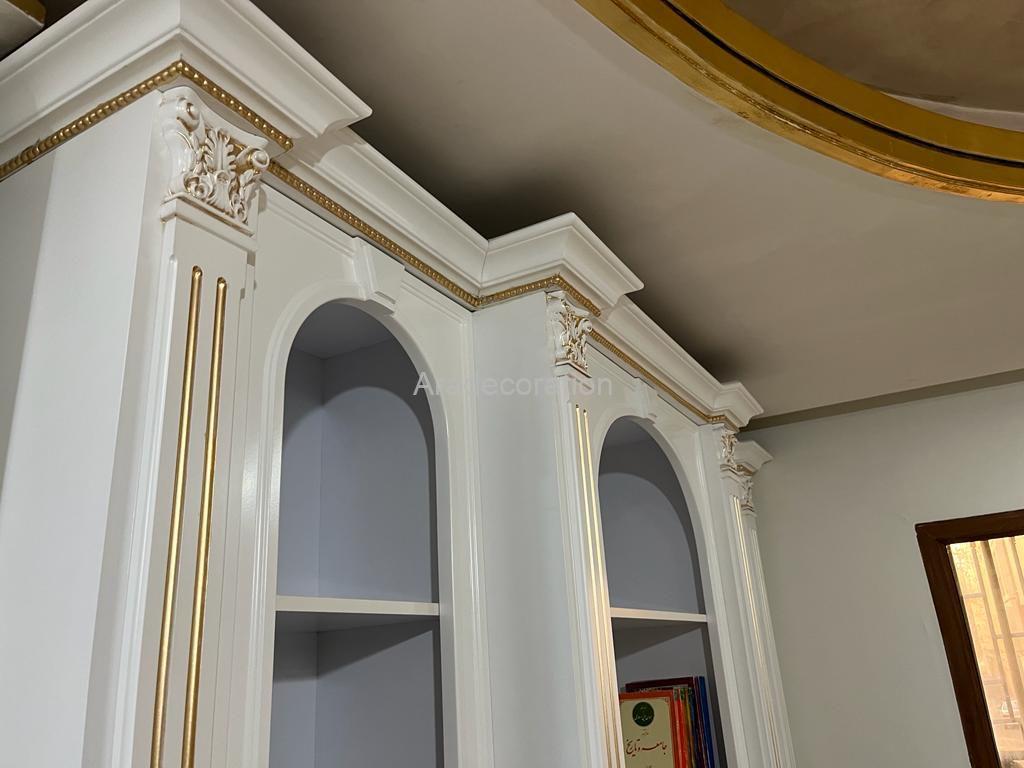 کمد کتابخانه کلاسیک چوبی ایستاده پلی اورتان سفیدطلایی سبک مراکشی - Image 11