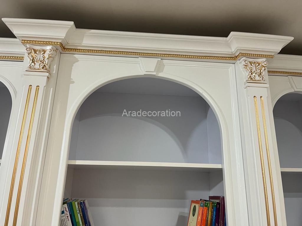 کمد کتابخانه کلاسیک چوبی ایستاده پلی اورتان سفیدطلایی سبک مراکشی - Image 12