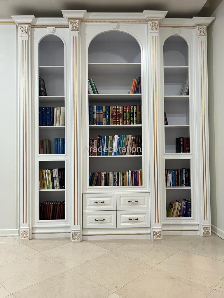 کمد کتابخانه کلاسیک چوبی ایستاده پلی اورتان سفیدطلایی سبک مراکشی - Image 14