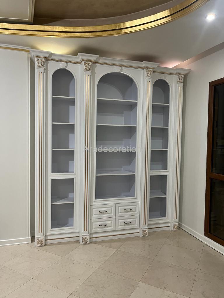 کمد کتابخانه کلاسیک چوبی ایستاده پلی اورتان سفیدطلایی سبک مراکشی - Image 25